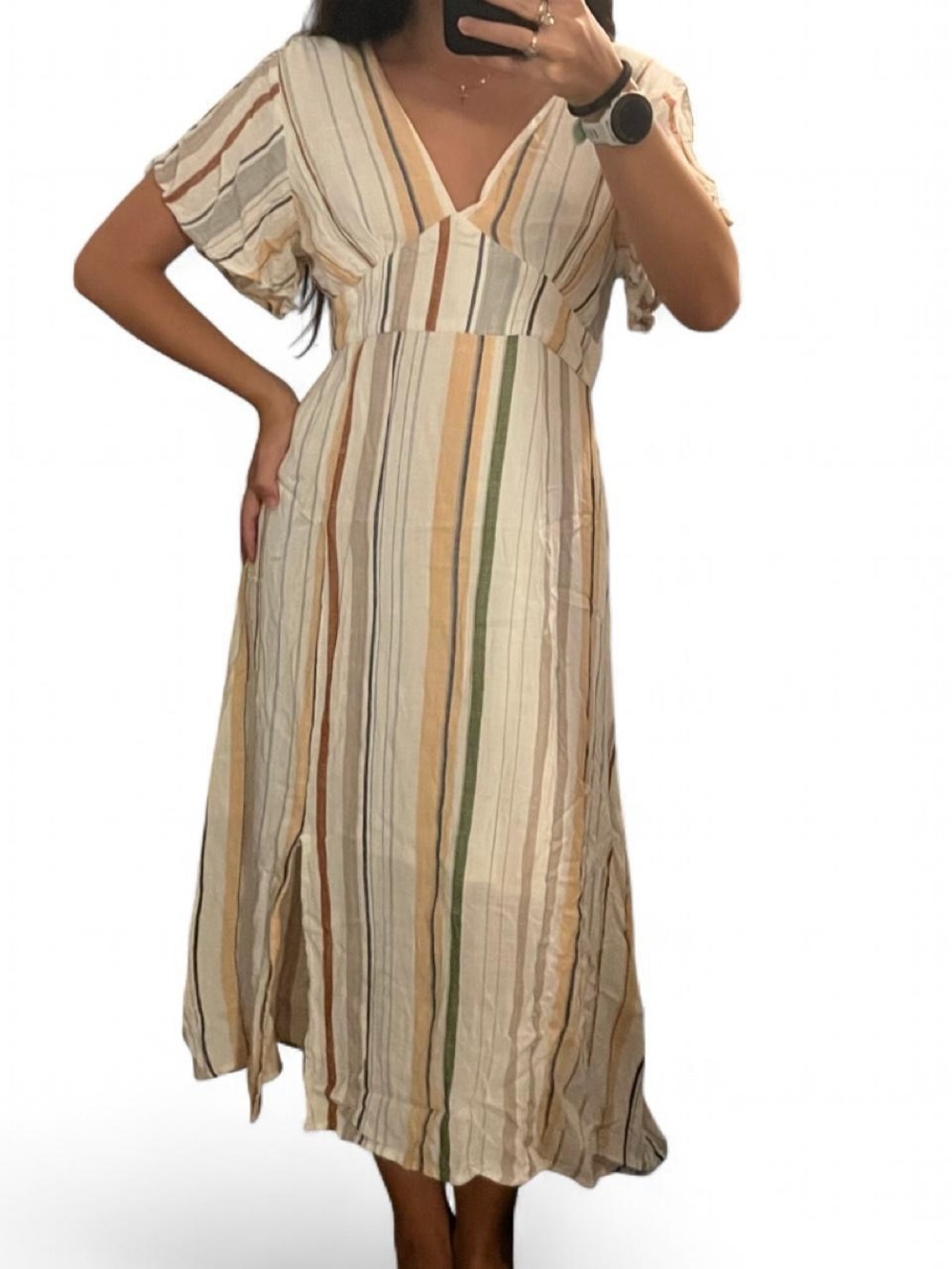 V-Neck Striped Midi Dress in Cream and Tan